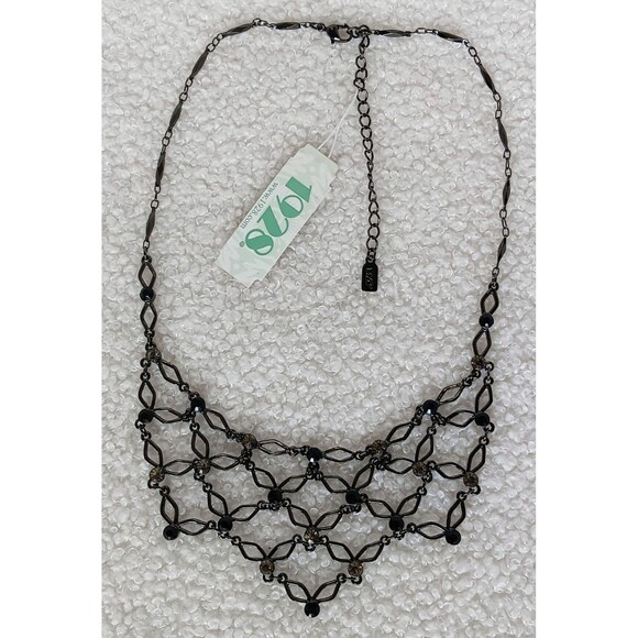 1928 Black & Silver Rhinestone Collar / Bib Necklace 16-19 in NWT - Picture 7 of 9